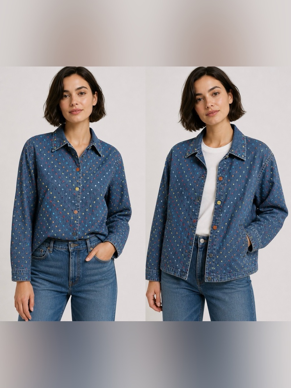 Vintage Willow Ridge Jean Jacket Multi Colored Embroidered Polka Dots Size PM